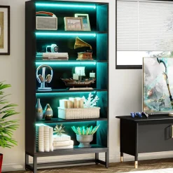 Tribesigns 70.8-Inch Tall Bookcase with LED Lights, 5-Tier Black Bookshelf Organizer