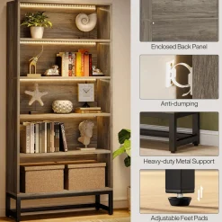 Tribesigns 70.8-Inch Tall Bookcase with LED Lights, 5-Tier Black Bookshelf Organizer