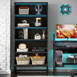 Tribesigns 70.8-Inch Tall Bookcase with LED Lights, 5-Tier Black Bookshelf Organizer