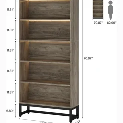Tribesigns 70.8-Inch Tall Bookcase with LED Lights, 5-Tier Black Bookshelf Organizer