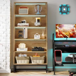 Tribesigns 70.8-Inch Tall Bookcase with LED Lights, 5-Tier Black Bookshelf Organizer