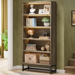 Tribesigns 70.8-Inch Tall Bookcase with LED Lights, 5-Tier Black Bookshelf Organizer