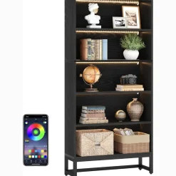 Tribesigns 70.8-Inch Tall Bookcase with LED Lights, 5-Tier Black Bookshelf Organizer