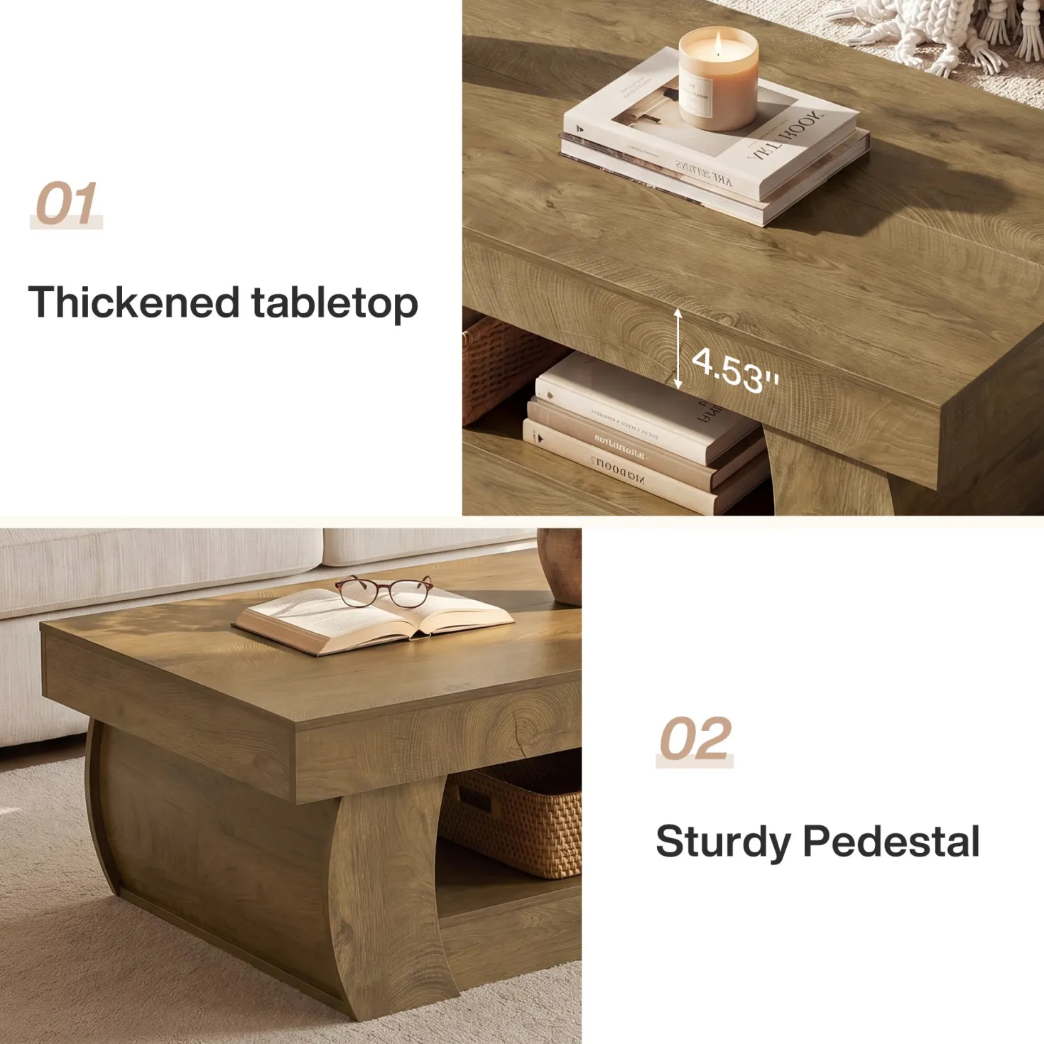 Tribesigns 55-Inch Wooden Coffee Table with 2-Tier Storage Shelf and Curved Legs, Modern Farmhouse Center Table for Living Room and Apartment