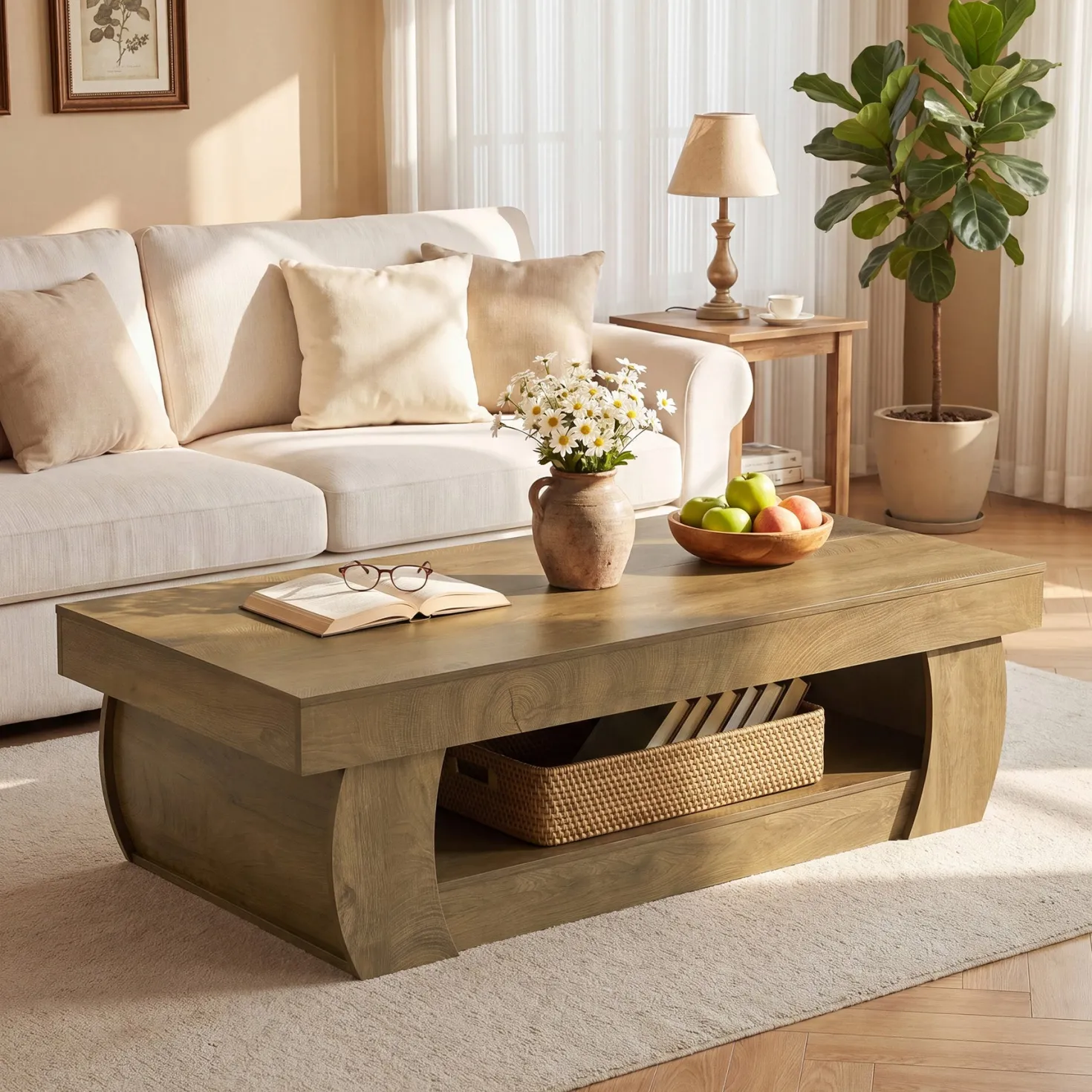 Tribesigns 55-Inch Wooden Coffee Table with 2-Tier Storage Shelf and Curved Legs, Modern Farmhouse Center Table for Living Room and Apartment
