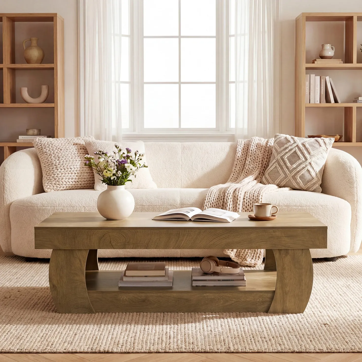 Tribesigns 55-Inch Wooden Coffee Table with 2-Tier Storage Shelf and Curved Legs, Modern Farmhouse Center Table for Living Room and Apartment
