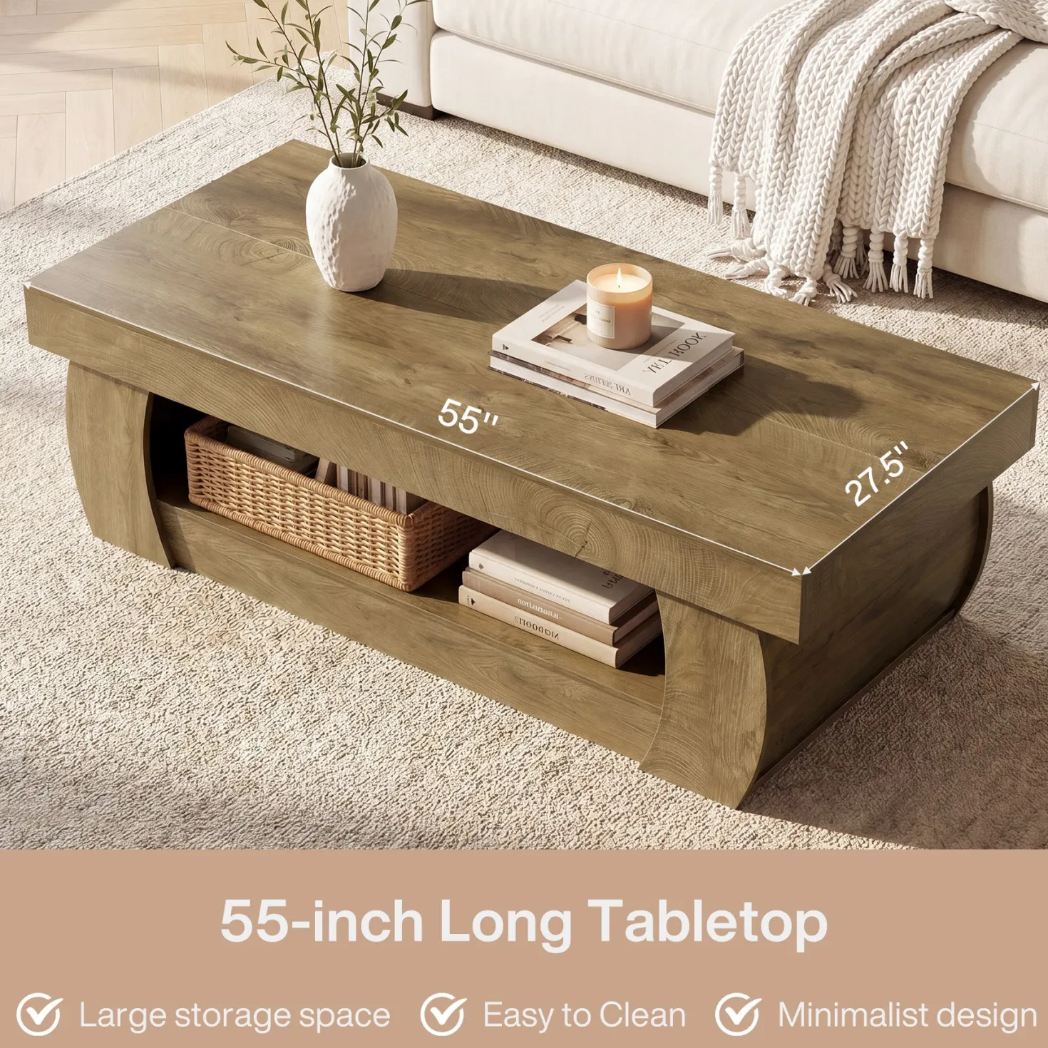 Tribesigns 55-Inch Wooden Coffee Table with 2-Tier Storage Shelf and Curved Legs, Modern Farmhouse Center Table for Living Room and Apartment