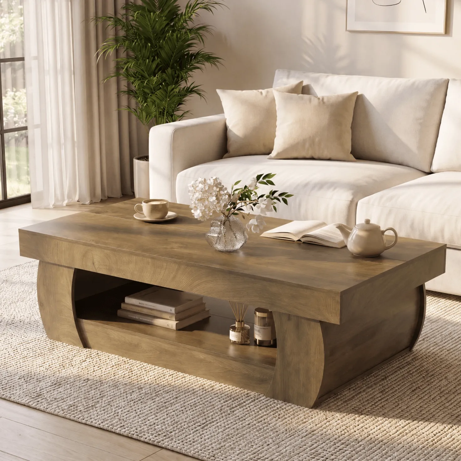 Tribesigns 55-Inch Wooden Coffee Table with 2-Tier Storage Shelf and Curved Legs, Modern Farmhouse Center Table for Living Room and Apartment
