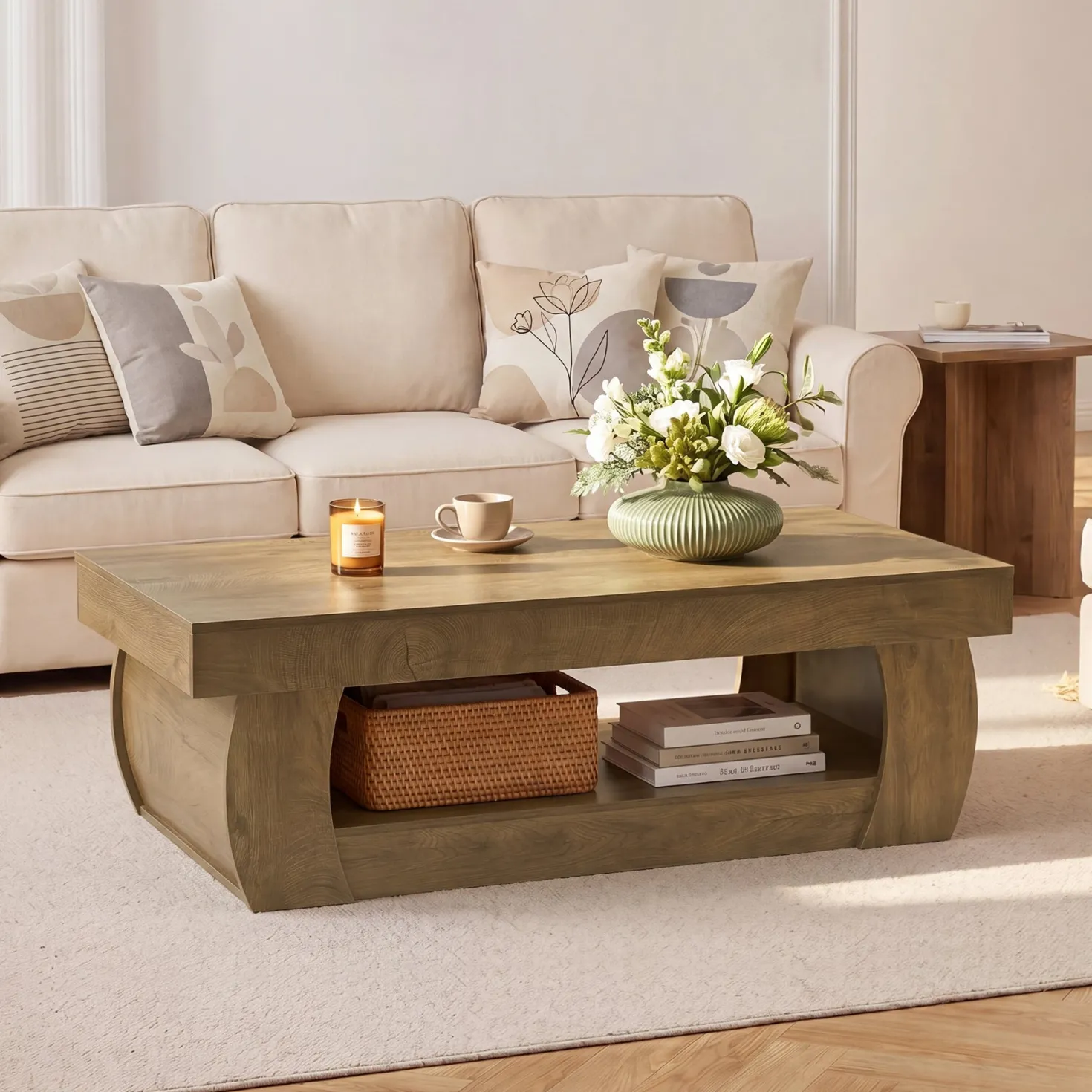 Tribesigns 55-Inch Wooden Coffee Table with 2-Tier Storage Shelf and Curved Legs, Modern Farmhouse Center Table for Living Room and Apartment