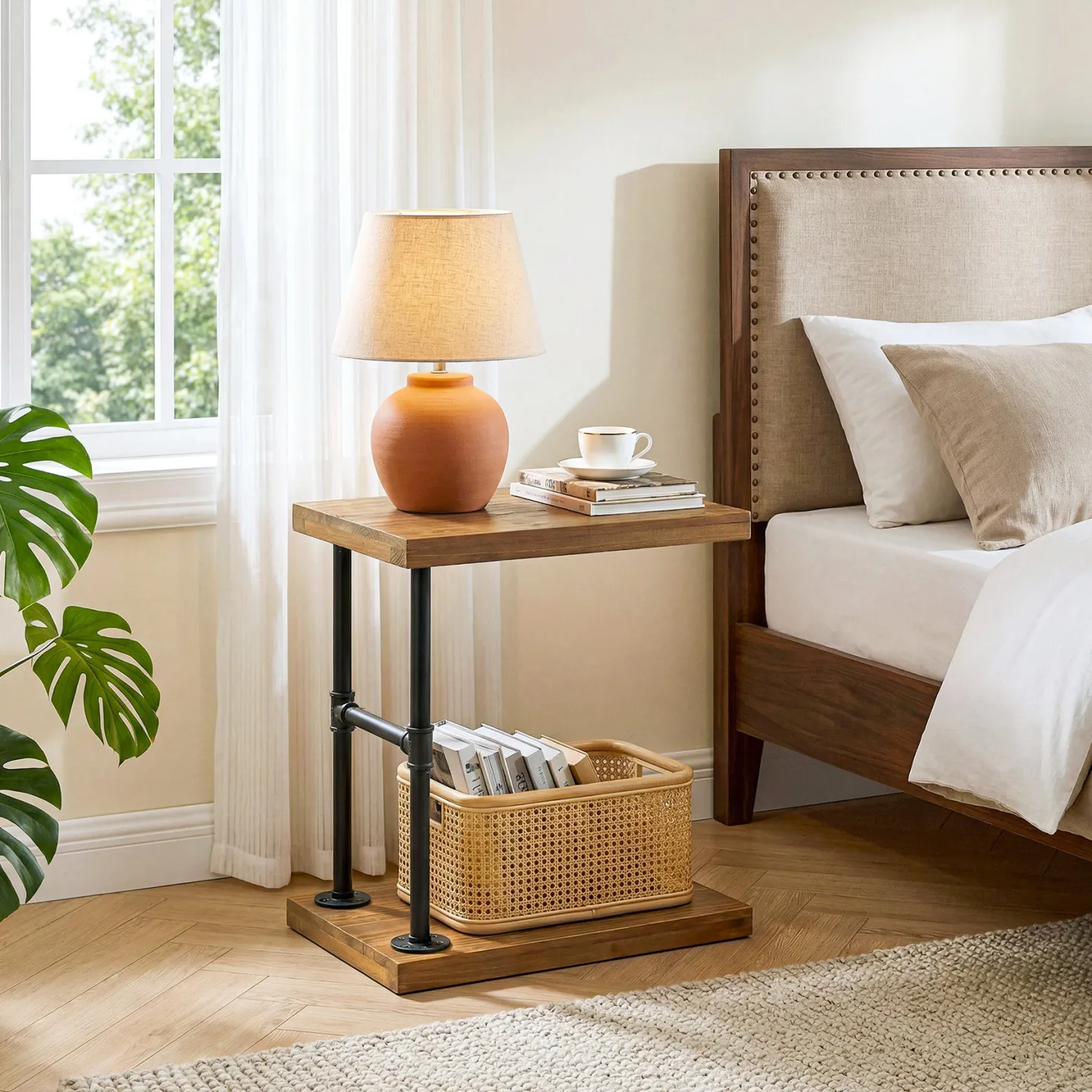 Tribesigns Narrow Solid Wood Nightstand, C-Shaped Bedside Table for Bedroom