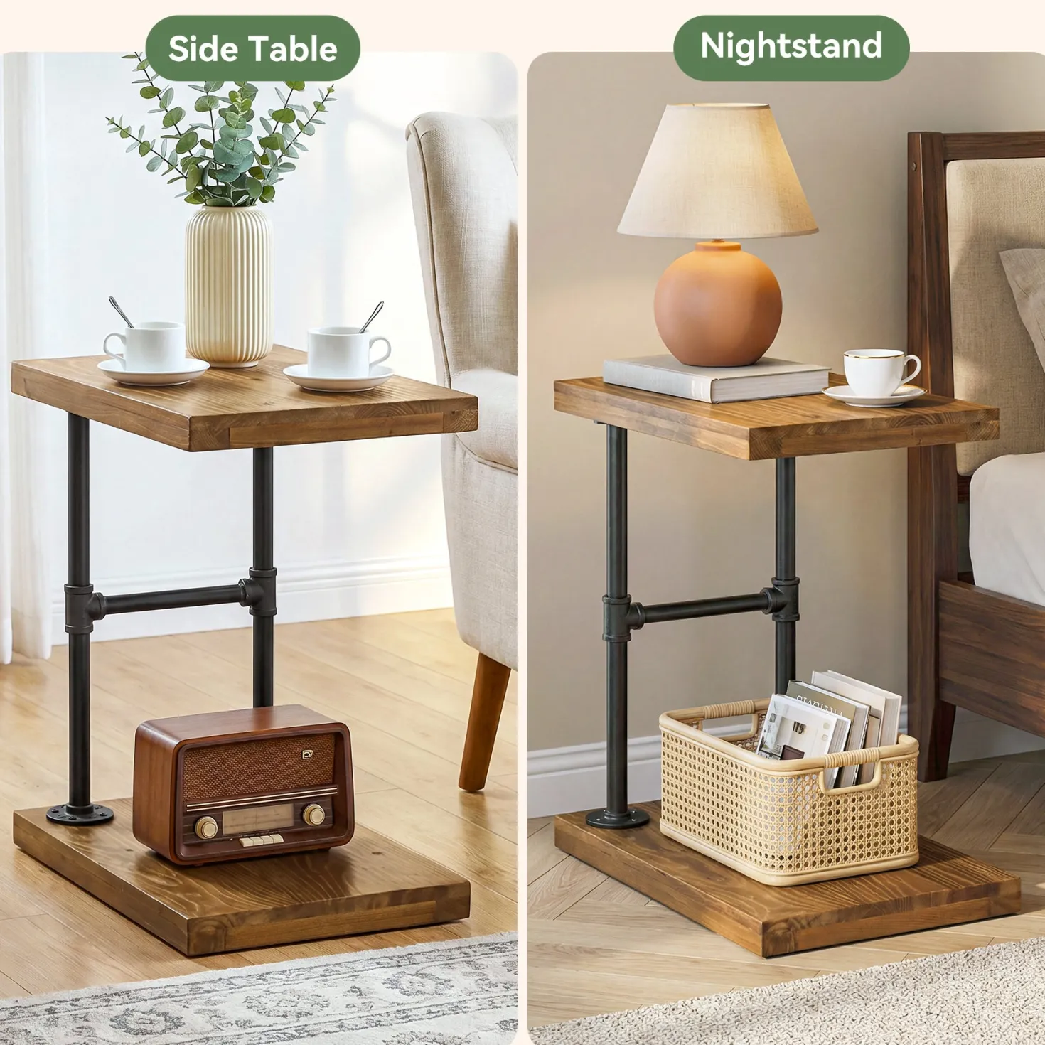 Tribesigns Narrow Solid Wood Nightstand, C-Shaped Bedside Table for Bedroom