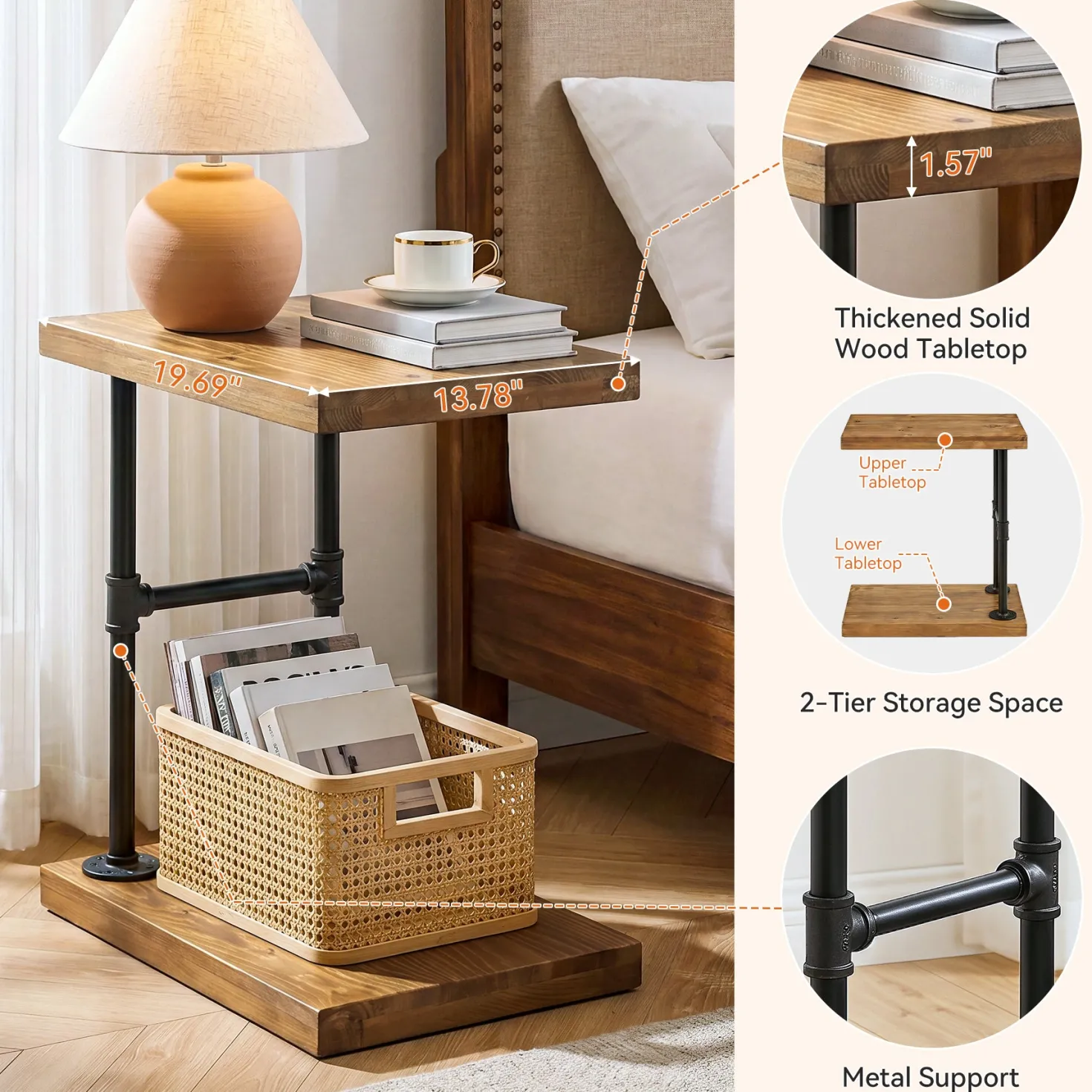 Tribesigns Narrow Solid Wood Nightstand, C-Shaped Bedside Table for Bedroom