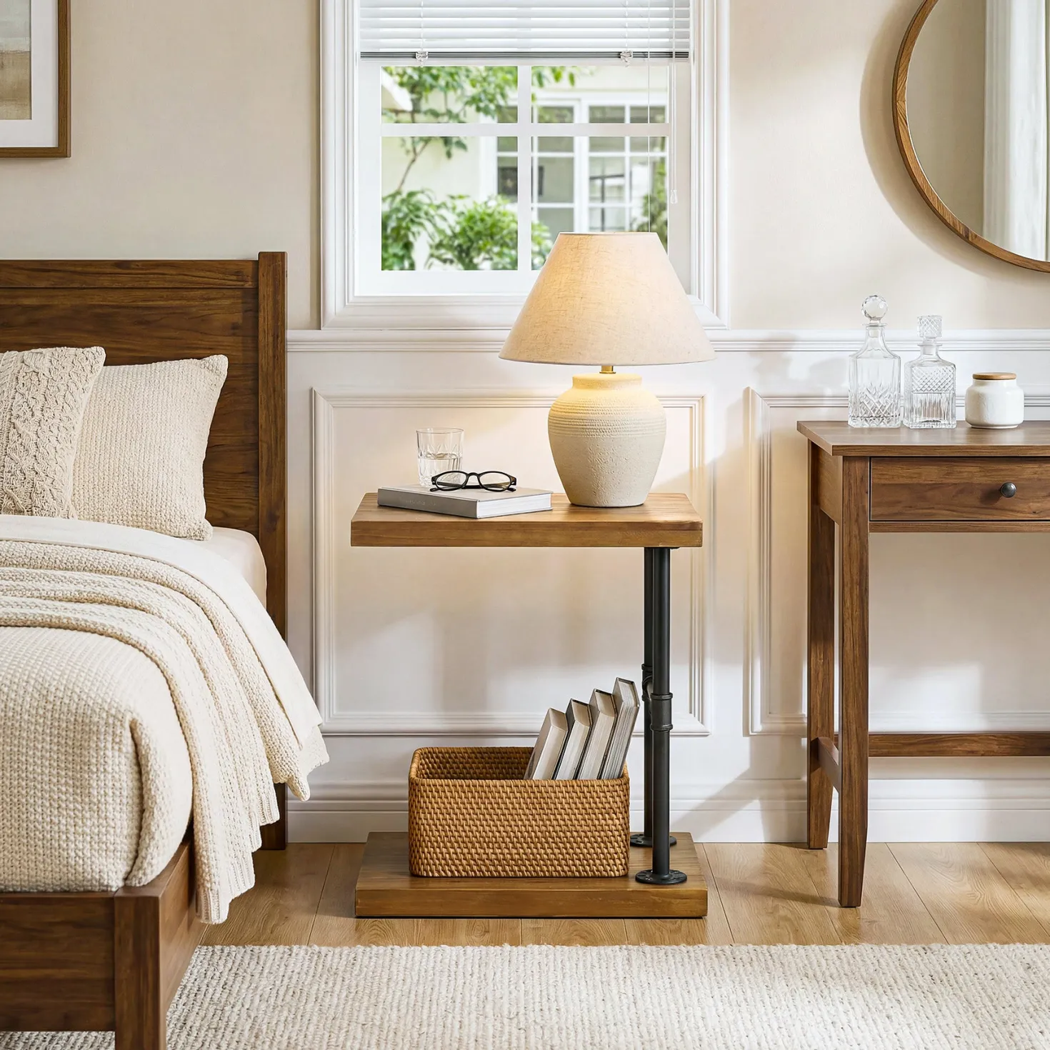 Tribesigns Narrow Solid Wood Nightstand, C-Shaped Bedside Table for Bedroom