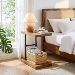 Tribesigns Narrow Solid Wood Nightstand, C-Shaped Bedside Table for Bedroom