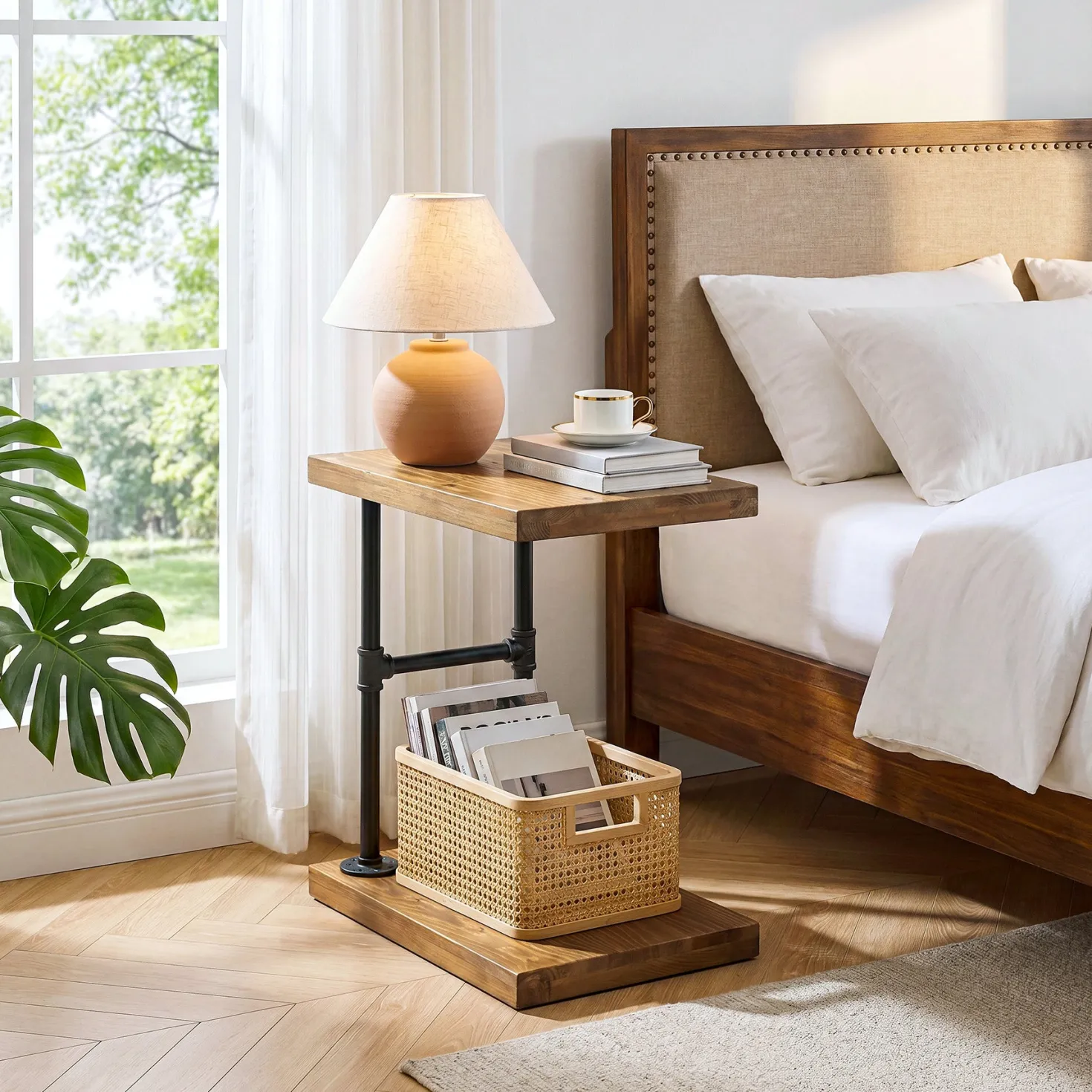 Tribesigns Narrow Solid Wood Nightstand, C-Shaped Bedside Table for Bedroom