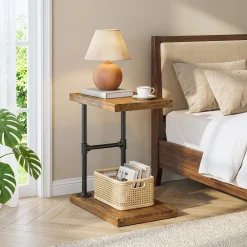 Tribesigns Narrow Solid Wood Nightstand, C-Shaped Bedside Table for Bedroom