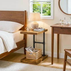 Tribesigns Narrow Solid Wood Nightstand, C-Shaped Bedside Table for Bedroom