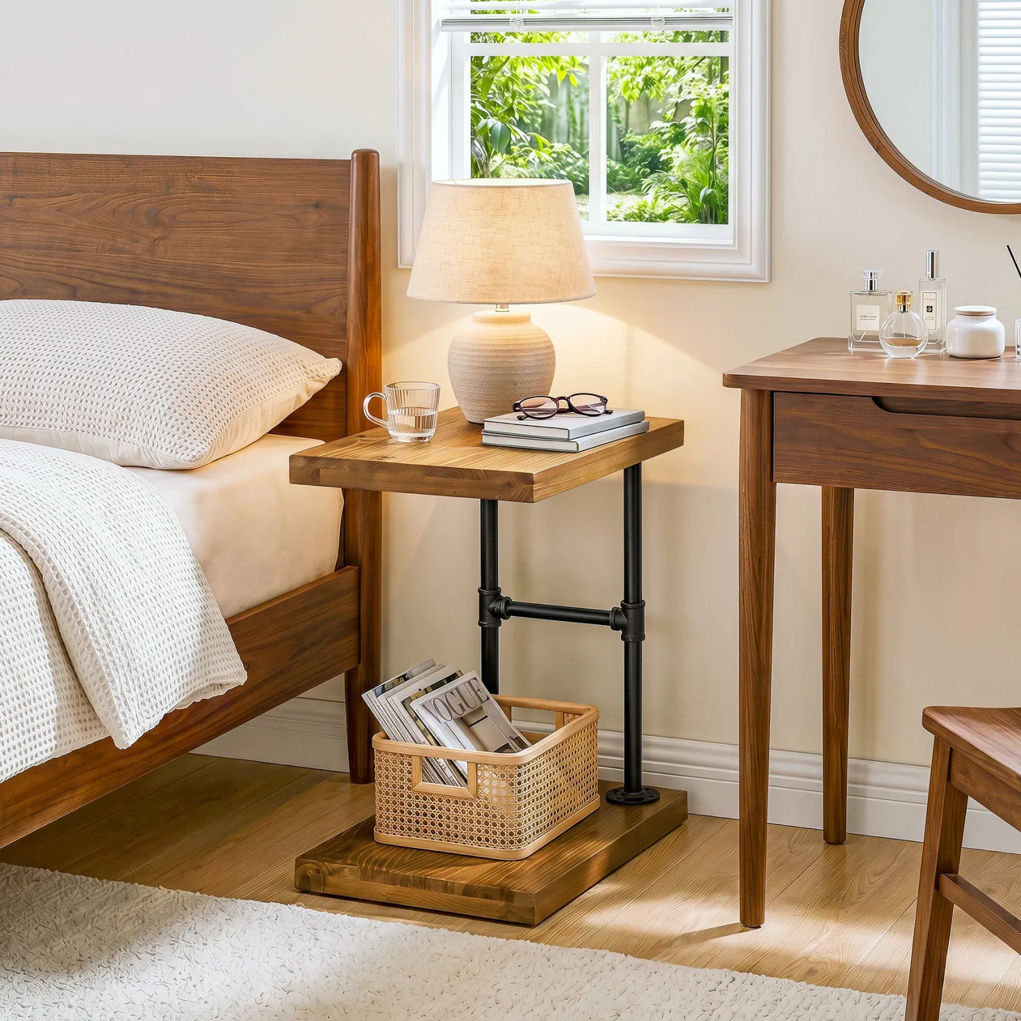 Tribesigns Narrow Solid Wood Nightstand, C-Shaped Bedside Table for Bedroom