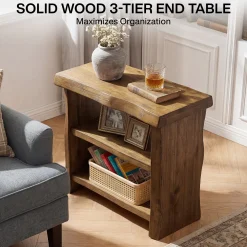 Tribesigns Solid Wood End Table, 3-Tier Live Edge Side Table for Bedroom
