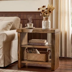 Tribesigns Solid Wood End Table, 3-Tier Live Edge Side Table for Bedroom