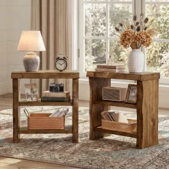 Tribesigns Solid Wood End Table, 3-Tier Live Edge Side Table for Bedroom