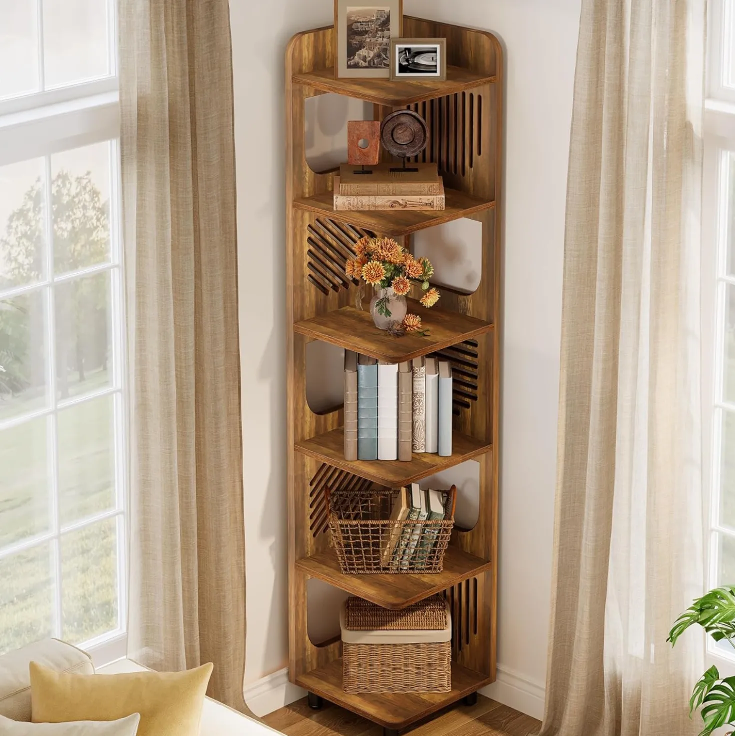 Tribesigns 6-Tier Corner Shelf, Tall Skinny Display Bookcase for Small Spaces