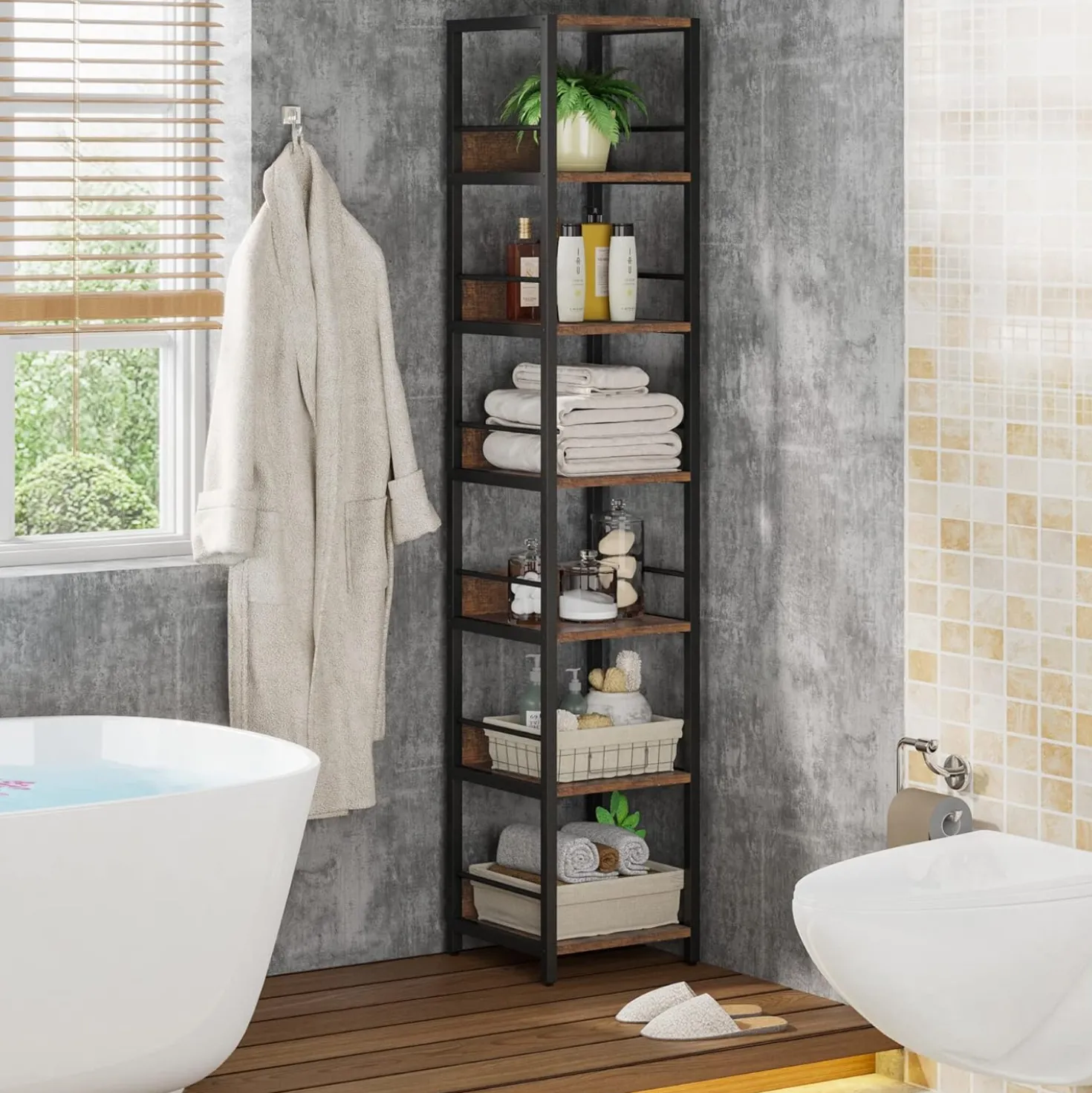 Tribesigns 6-Tier Narrow Corner Shelf, 74.8-Inch Tall Industrial Storage Bookshelf