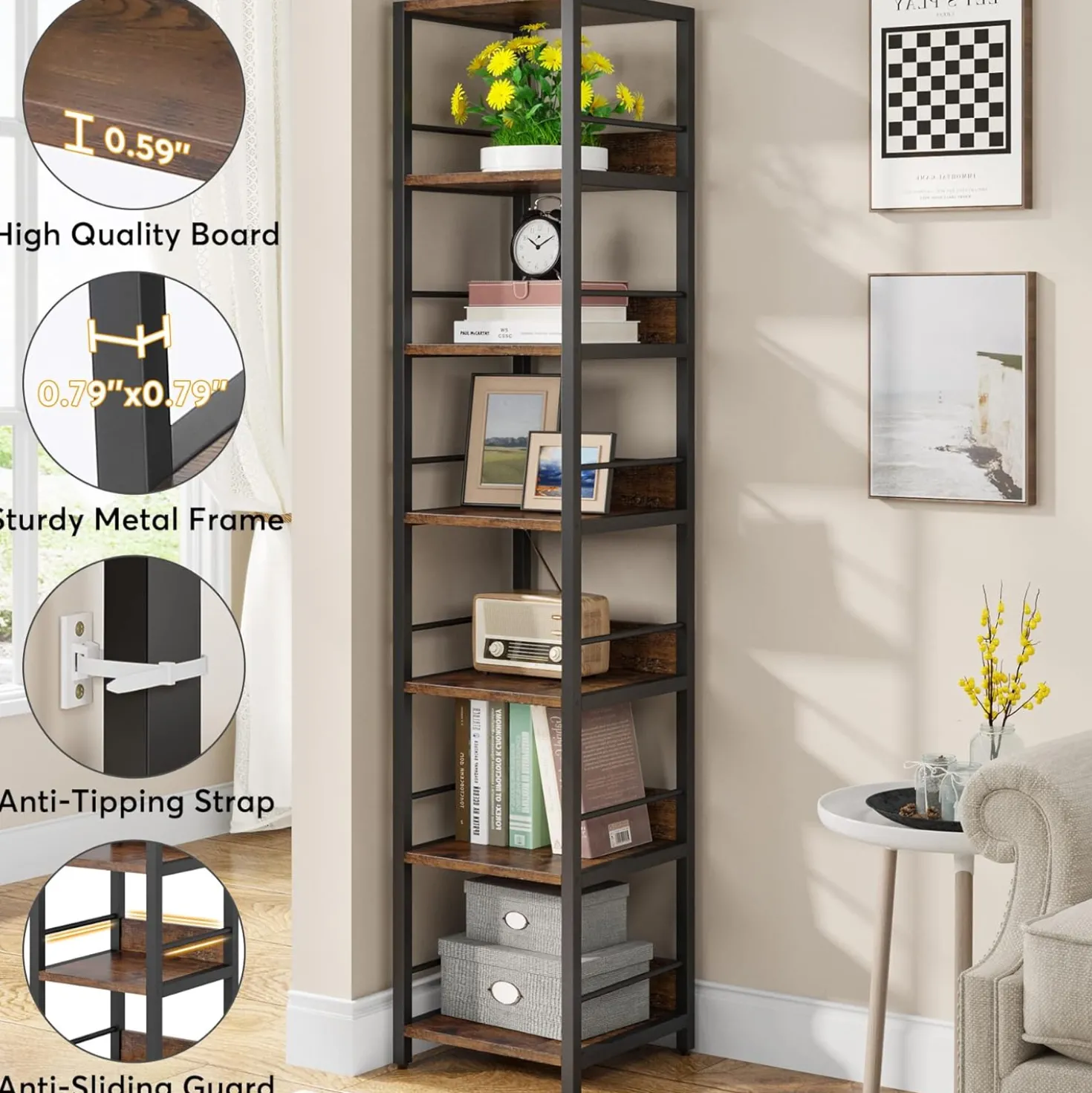 Tribesigns 6-Tier Narrow Corner Shelf, 74.8-Inch Tall Industrial Storage Bookshelf