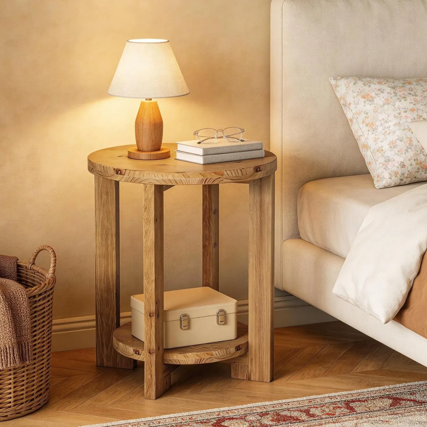 Tribesigns 2-Tier Round End Table, Wooden Accent Table