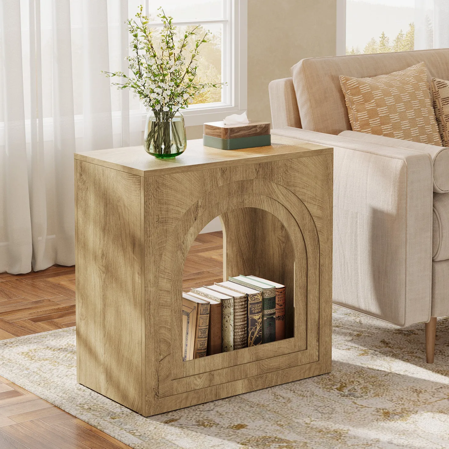 Tribesigns 2-Tier Square End Table, Farmhouse Side Table with Arched Shelf