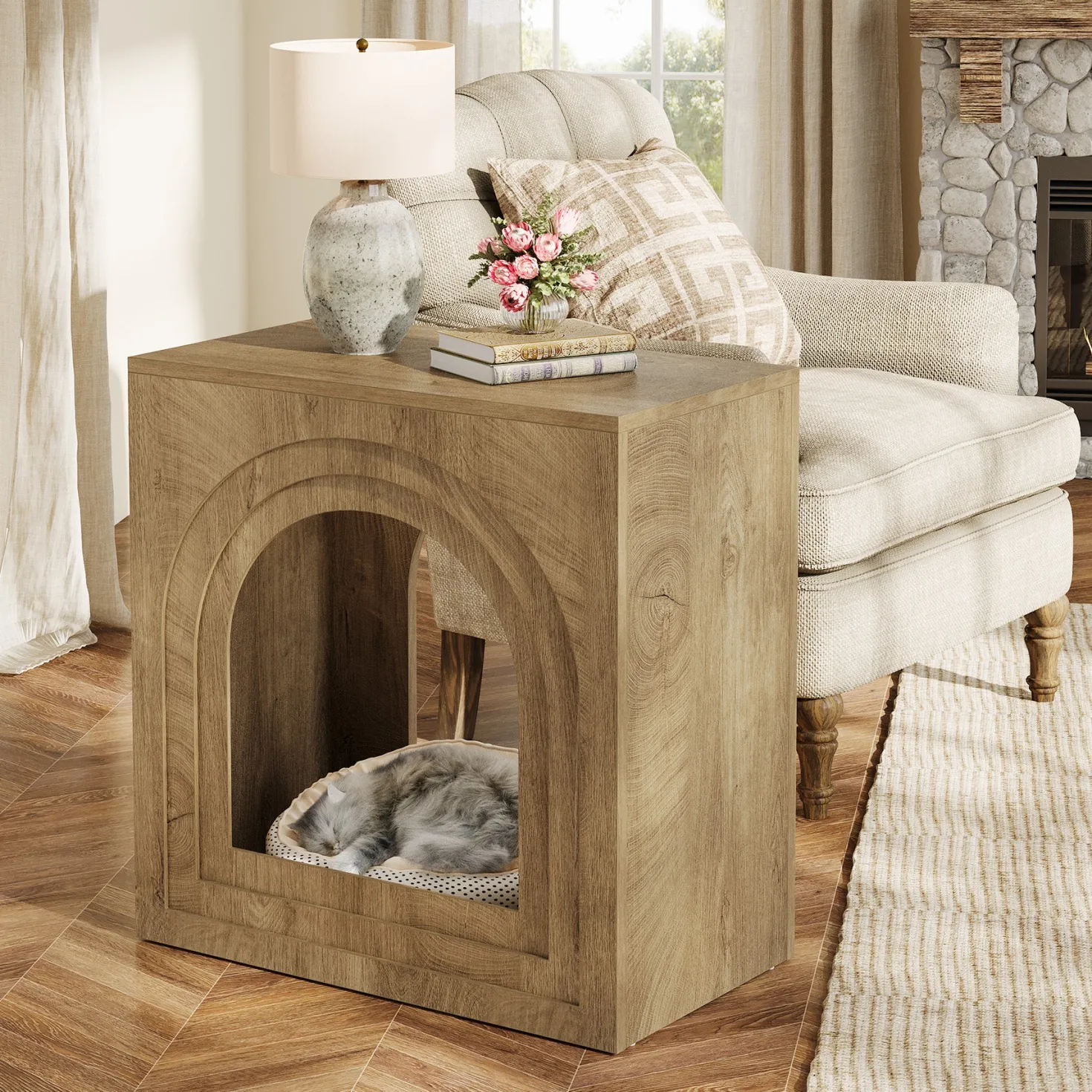 Tribesigns 2-Tier Square End Table, Farmhouse Side Table with Arched Shelf