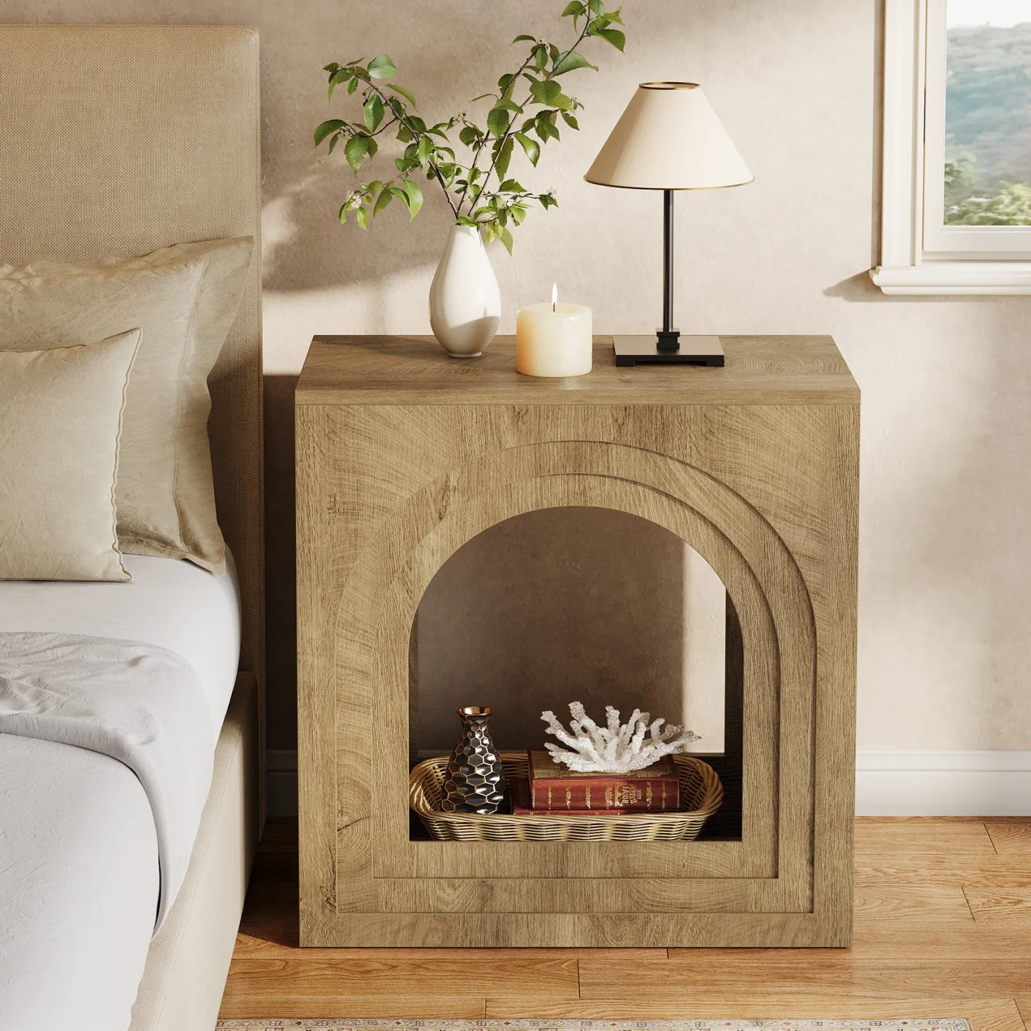 Tribesigns 2-Tier Square End Table, Farmhouse Side Table with Arched Shelf