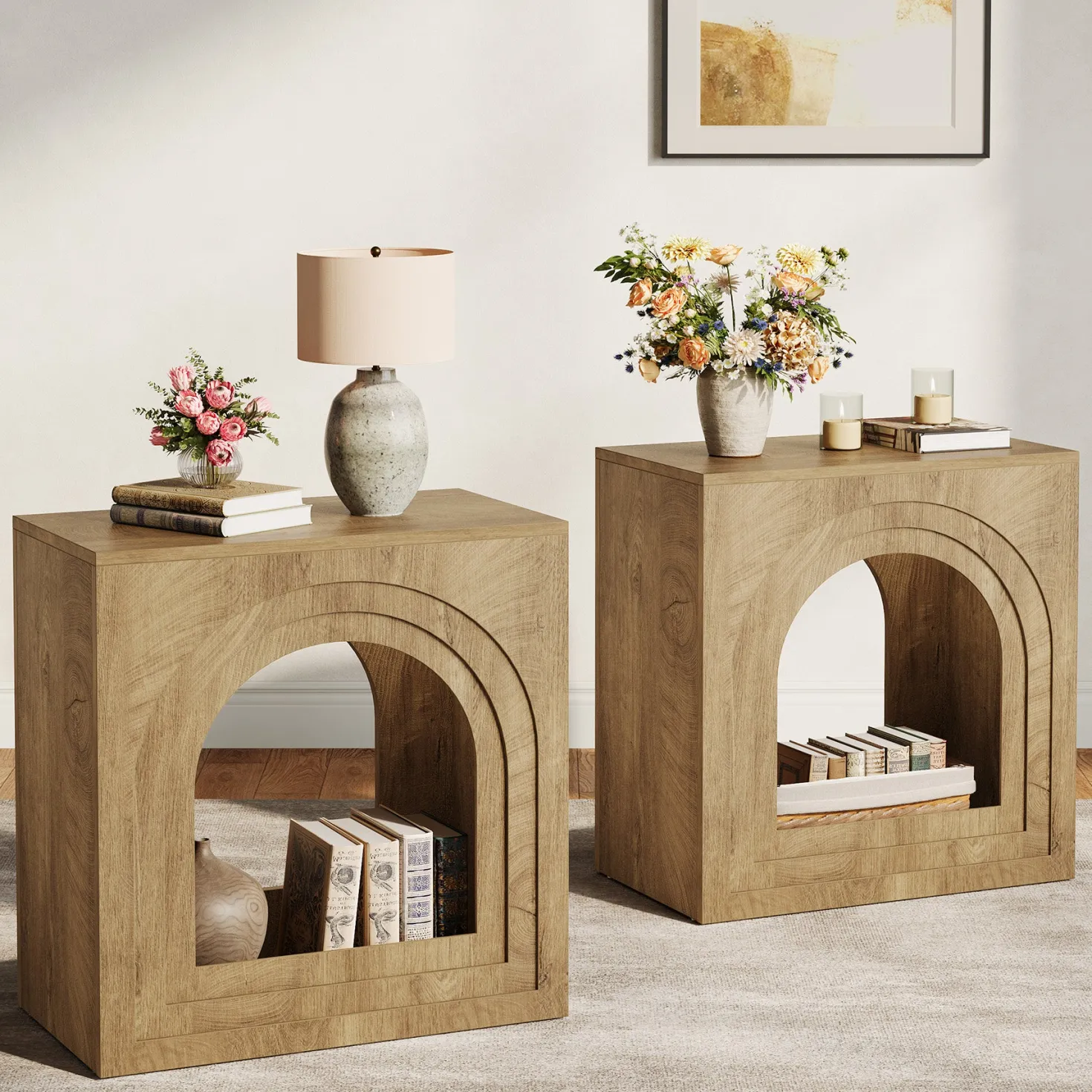 Tribesigns 2-Tier Square End Table, Farmhouse Side Table with Arched Shelf