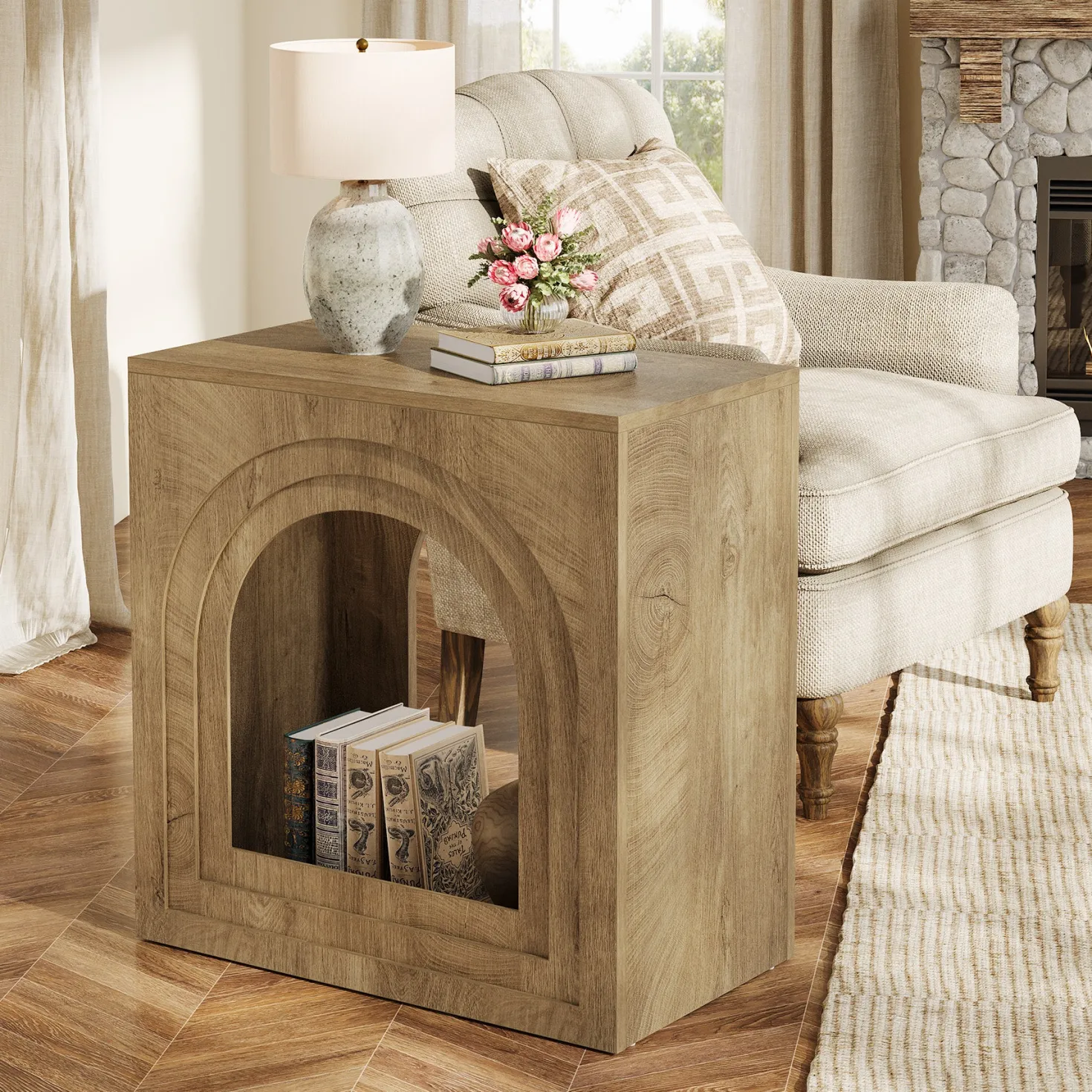 Tribesigns 2-Tier Square End Table, Farmhouse Side Table with Arched Shelf