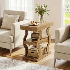 Tribesigns 3-Tier Wooden Side Table, Skinny Small Nightstand for Living Room with Storage Shelf