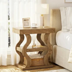 Tribesigns 3-Tier Wooden Side Table, Skinny Small Nightstand for Living Room with Storage Shelf