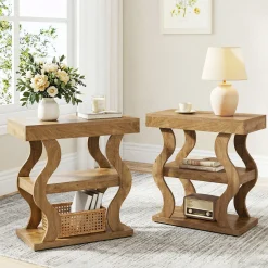Tribesigns 3-Tier Wooden Side Table, Skinny Small Nightstand for Living Room with Storage Shelf