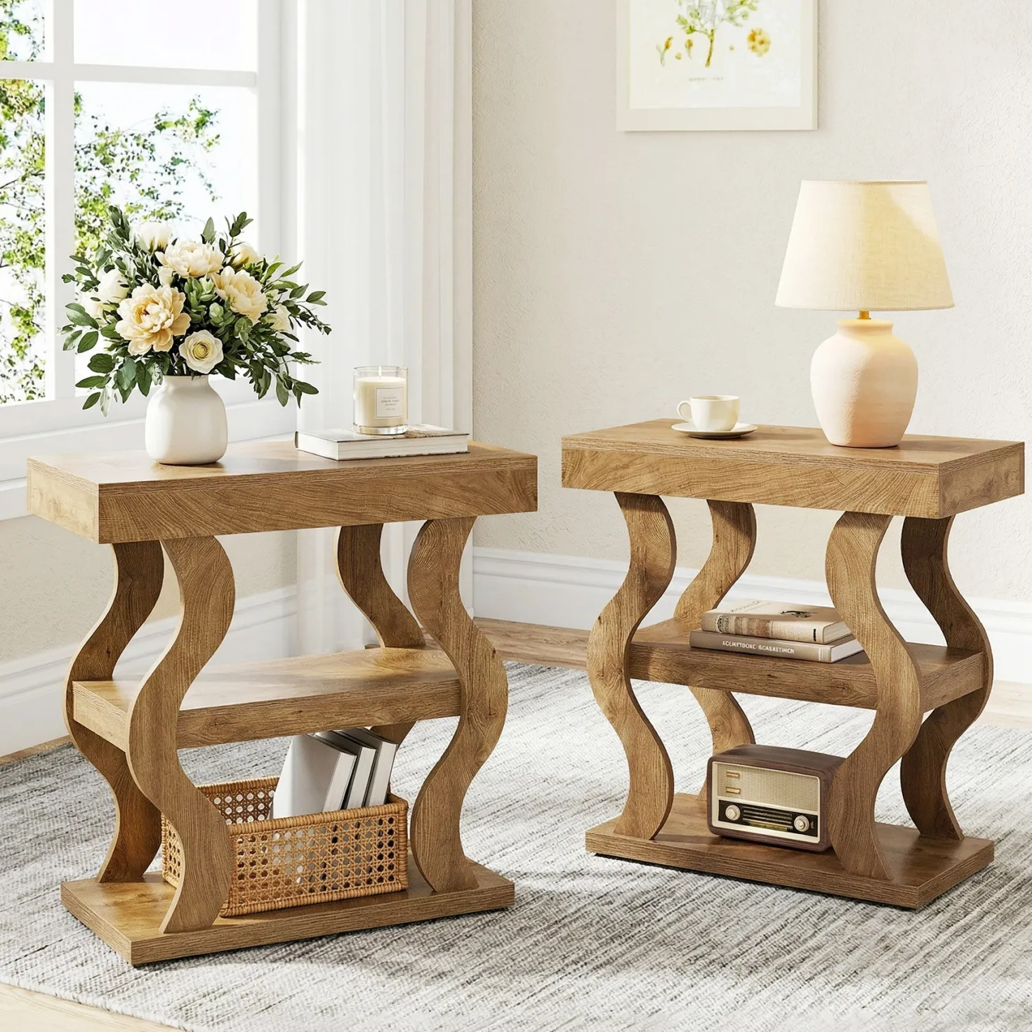 Tribesigns 3-Tier Wooden Side Table, Skinny Small Nightstand for Living Room with Storage Shelf