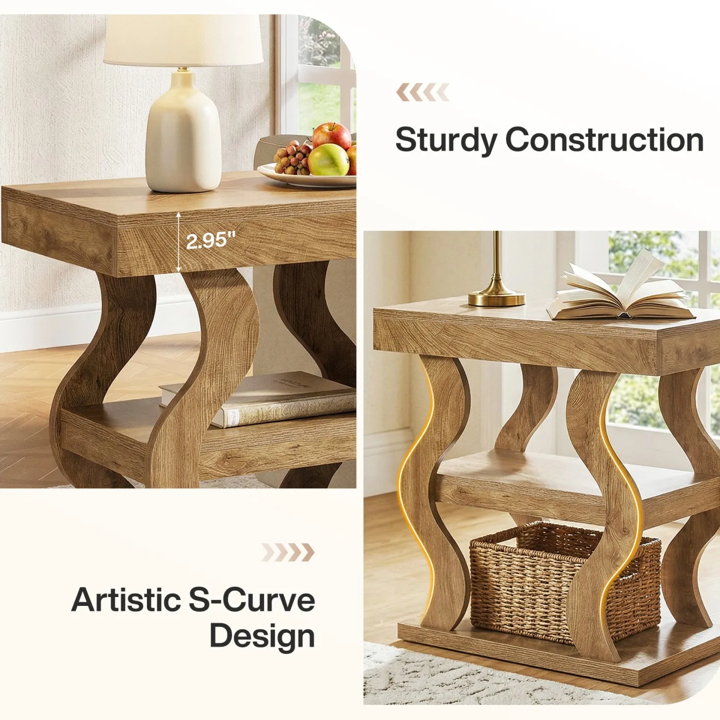 Tribesigns 3-Tier Wooden Side Table, Skinny Small Nightstand for Living Room with Storage Shelf