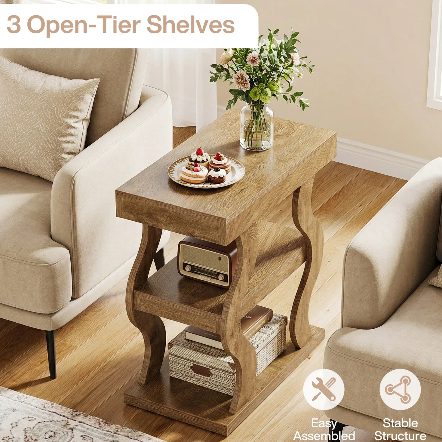 Tribesigns 3-Tier Wooden Side Table, Skinny Small Nightstand for Living Room with Storage Shelf