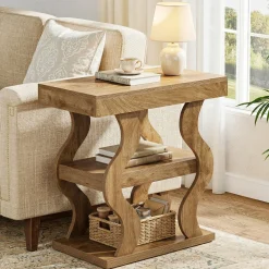 Tribesigns 3-Tier Wooden Side Table, Skinny Small Nightstand for Living Room with Storage Shelf