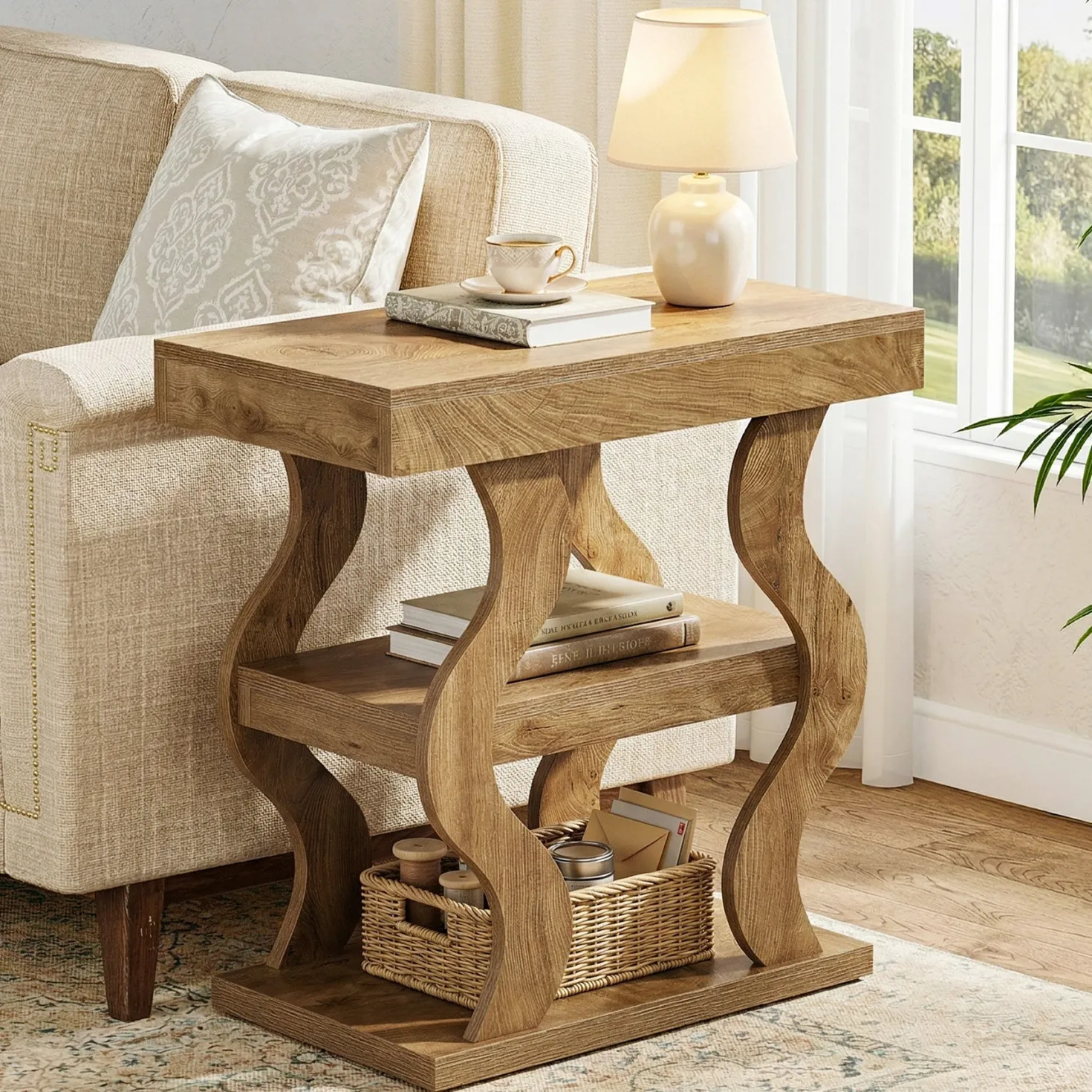 Tribesigns 3-Tier Wooden Side Table, Skinny Small Nightstand for Living Room with Storage Shelf