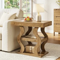 Tribesigns 3-Tier Wooden Side Table, Skinny Small Nightstand for Living Room with Storage Shelf