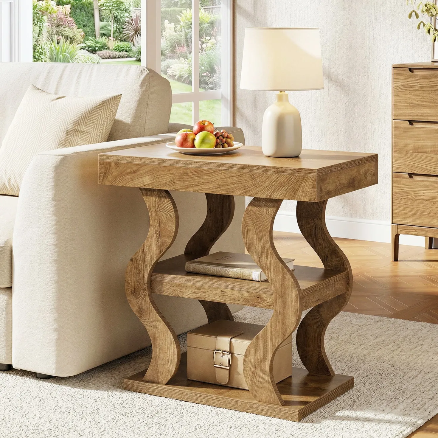 Tribesigns 3-Tier Wooden Side Table, Skinny Small Nightstand for Living Room with Storage Shelf