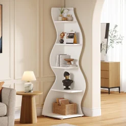 Tribesigns Wavy Corner Shelf, Modern 5-Tier Curved Bookshelf for Small Spaces