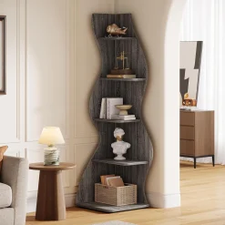 Tribesigns Wavy Corner Shelf, Modern 5-Tier Curved Bookshelf for Small Spaces