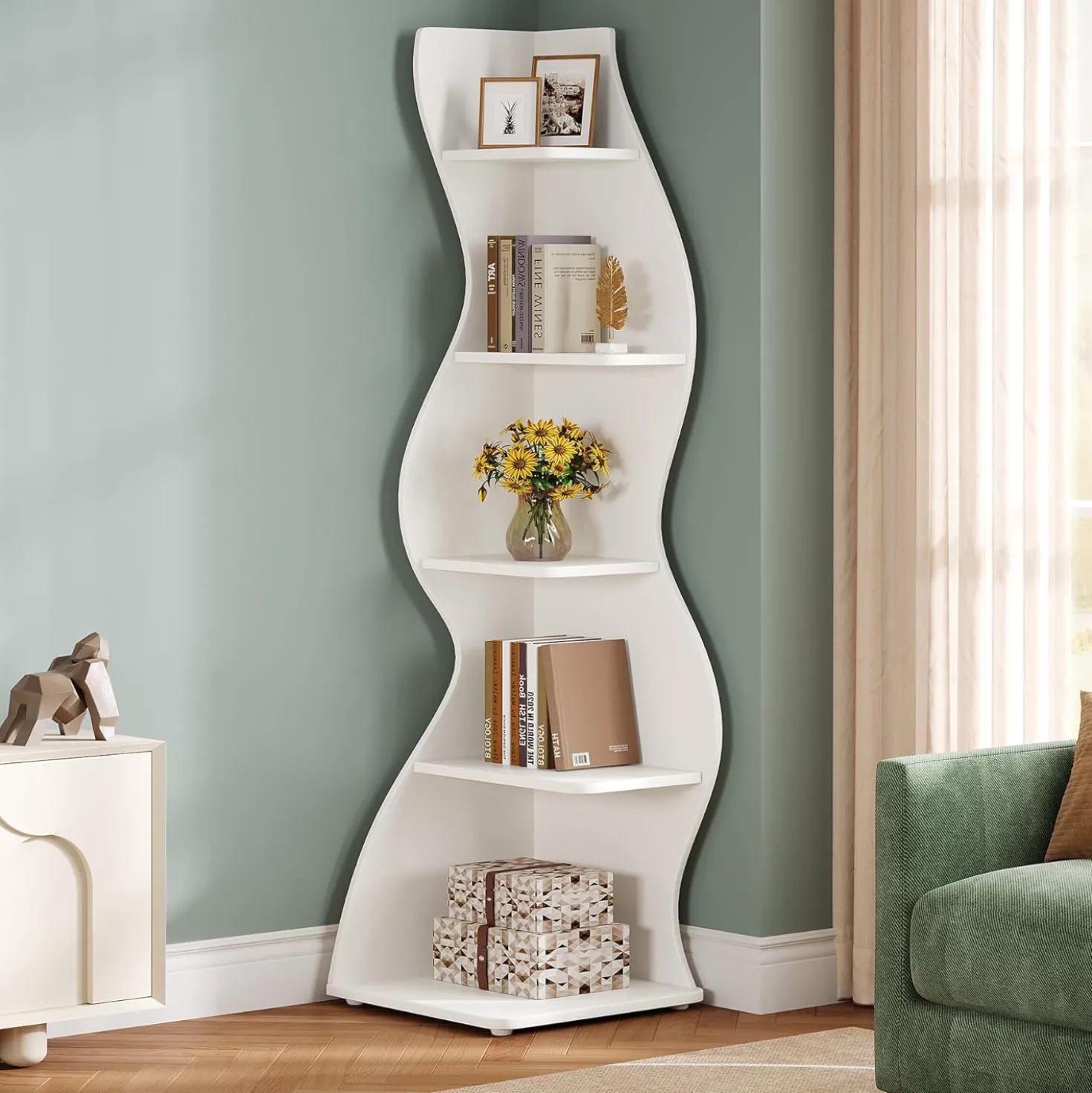 Tribesigns Wavy Corner Shelf, Modern 5-Tier Curved Bookshelf for Small Spaces