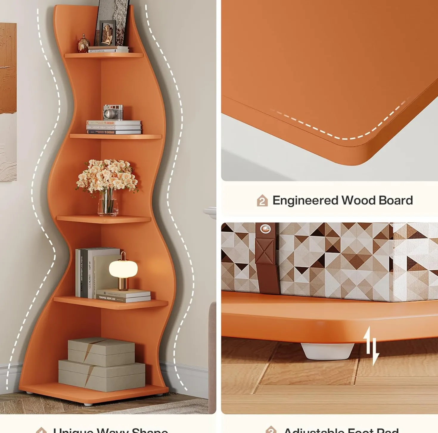 Tribesigns Wavy Corner Shelf, Modern 5-Tier Curved Bookshelf for Small Spaces