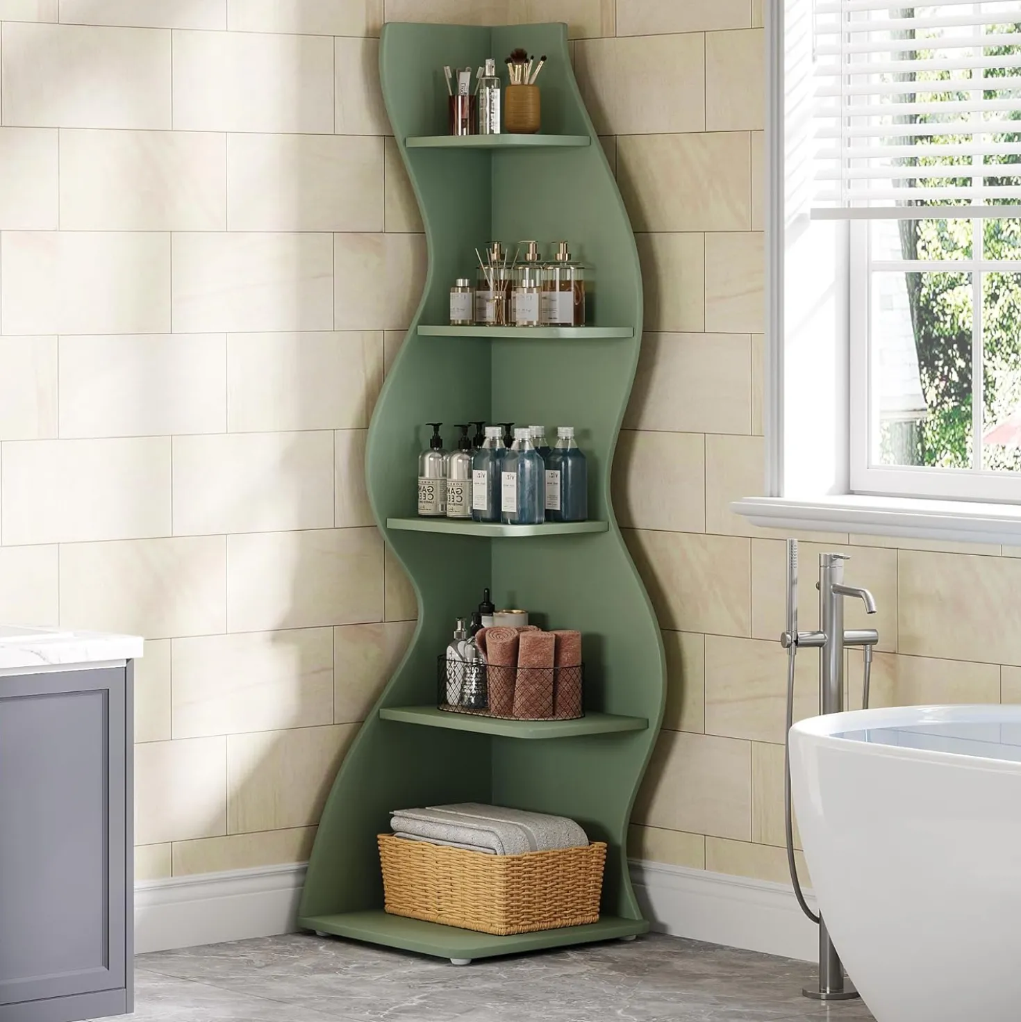 Tribesigns Wavy Corner Shelf, Modern 5-Tier Curved Bookshelf for Small Spaces