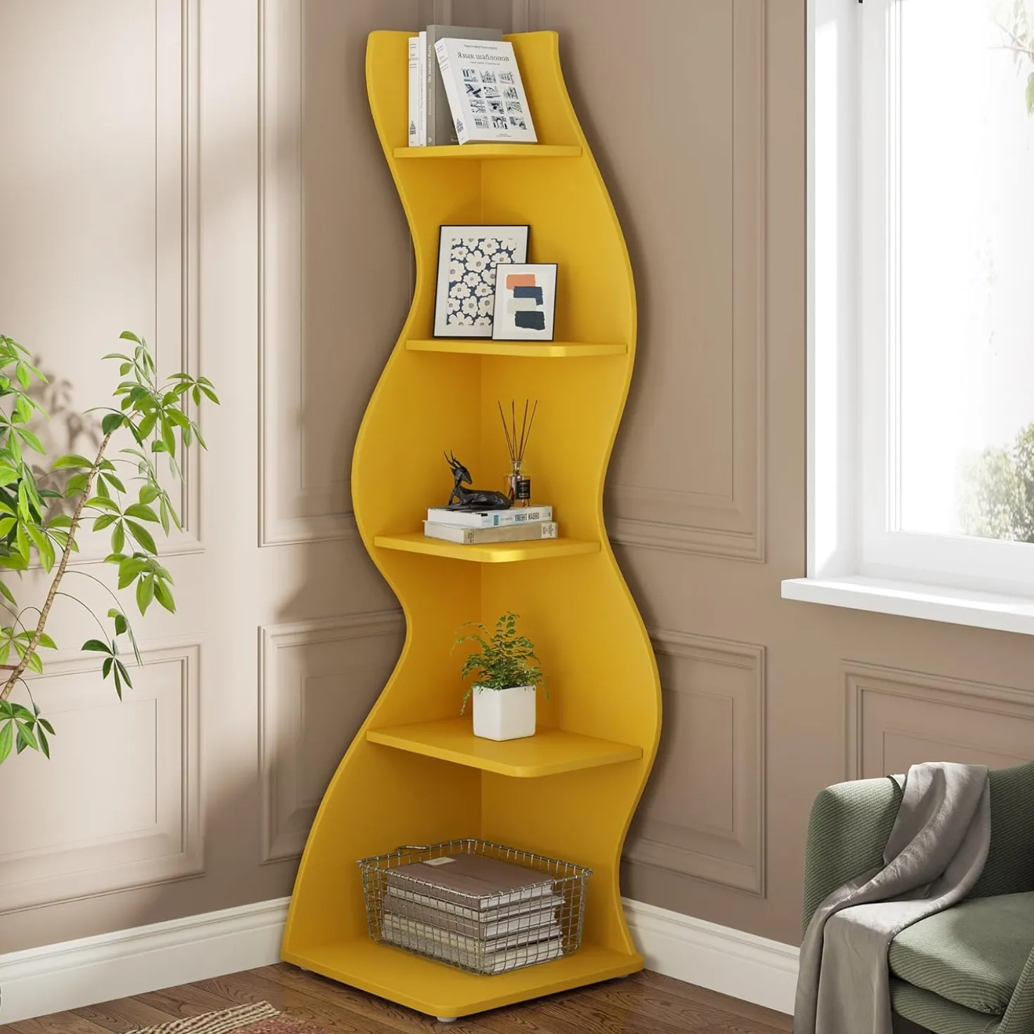 Tribesigns Wavy Corner Shelf, Modern 5-Tier Curved Bookshelf for Small Spaces